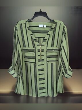Kim Rogers Curvy Olive Green & Black Striped V-Neck Blouse w/Zip Detail-1X-EUC